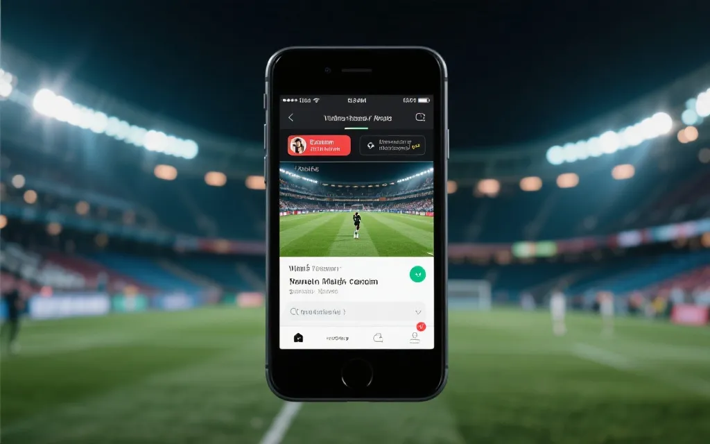 手机屏幕显示世界杯决赛实时比分推送，背景是模糊的看台人群与灯光，体现社交媒体即时反应